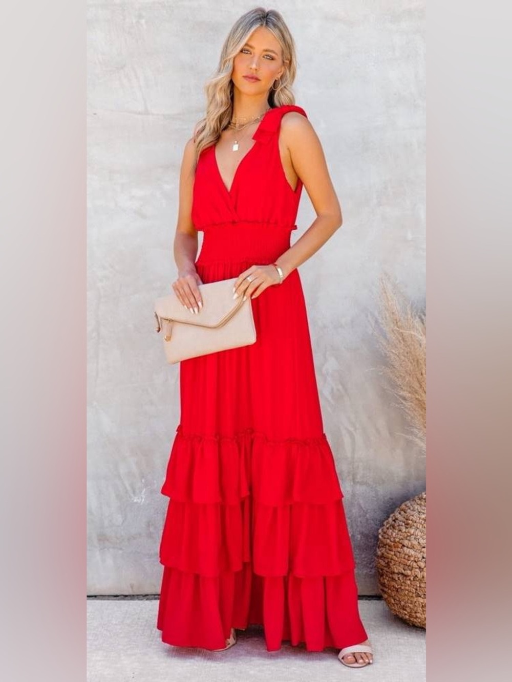Judith March Red Tiered Tie Strap Maxi Dress Gown